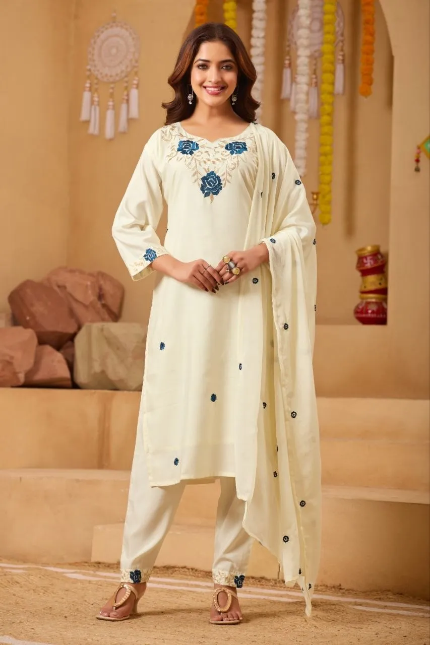 RRD 270602 Rayon With Embroidery Work Top Bottom & Dupatta Set Wholesale Surat