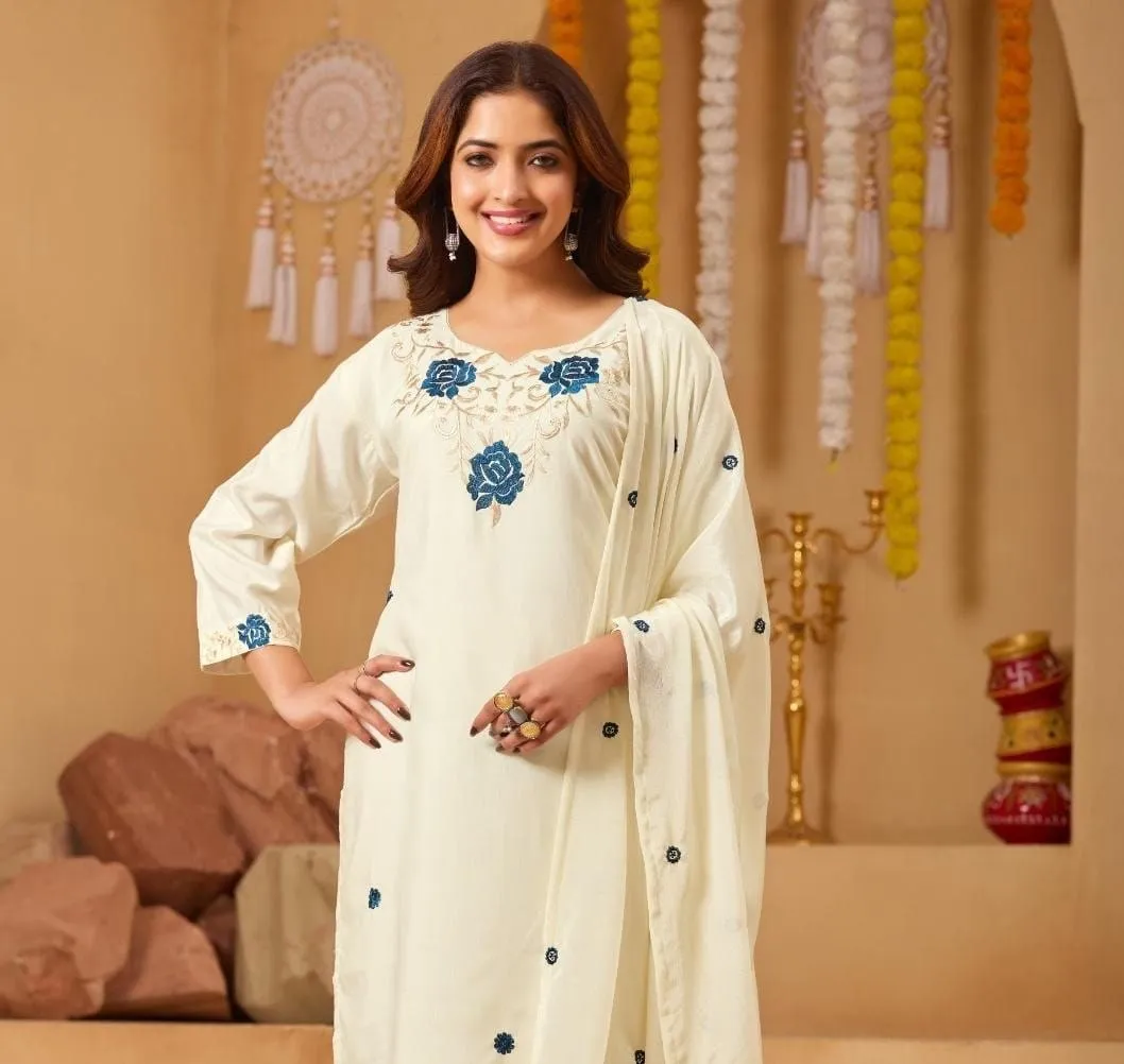 Latest RRD 270602 Rayon With Embroidery Work Top Bottom & Dupatta Set Wholesale Surat 2026