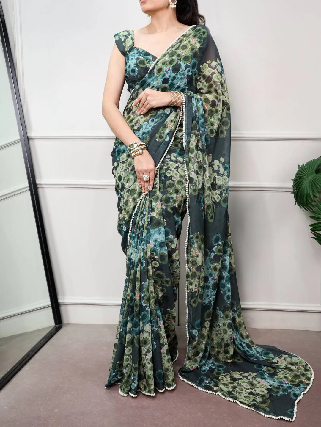 WMN 7040 Floral With Pearl Lace Saree Collection Wholesale Supplier