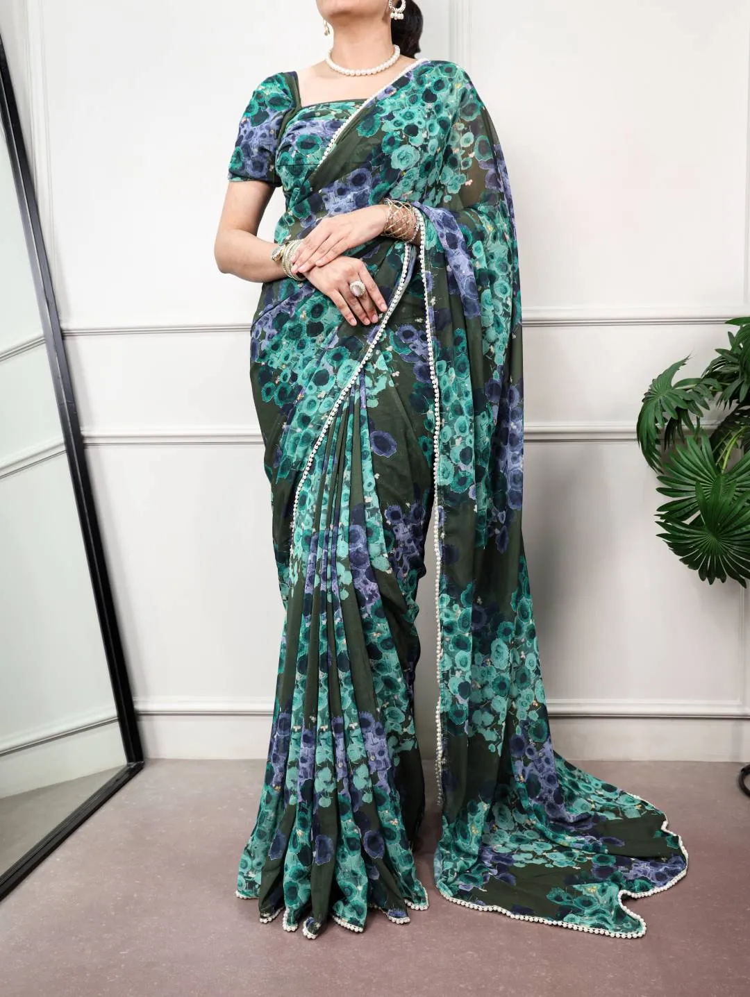 WMN 7040 Floral With Pearl Lace Saree Collection Wholesale Supplier