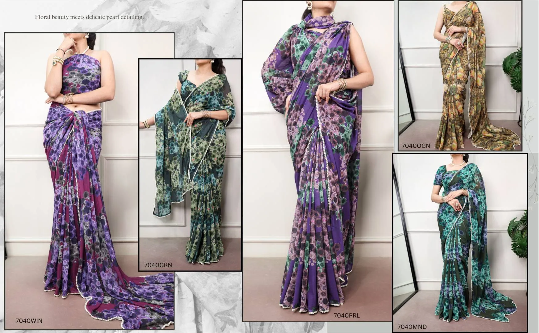 WMN 7040 Floral With Pearl Lace Saree Collection Wholesale Supplier
