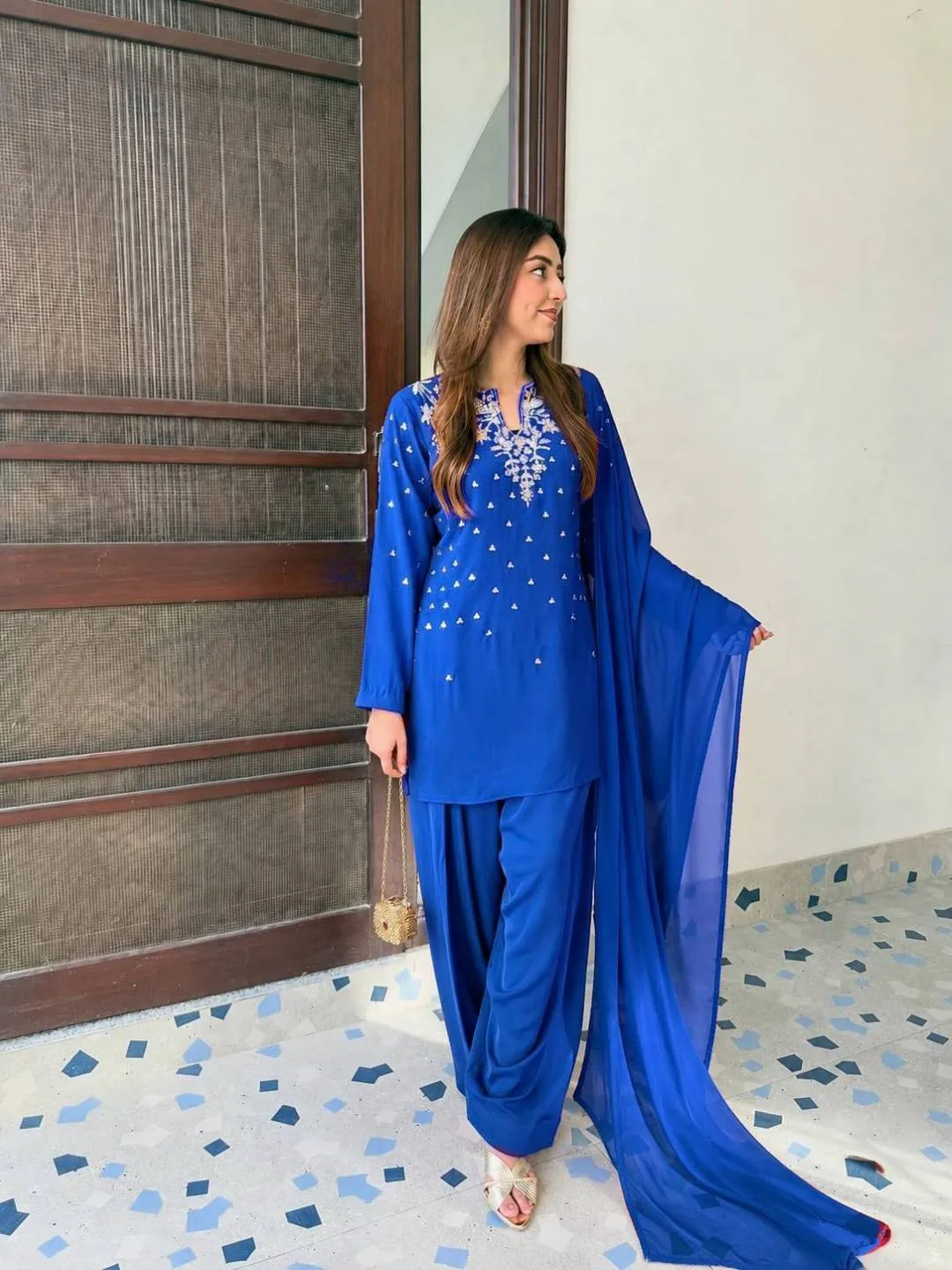 C585 242 Franch Crap Fully Beads & Embroidery Work Kurti Pant Dupatta Set Wholesale Surat