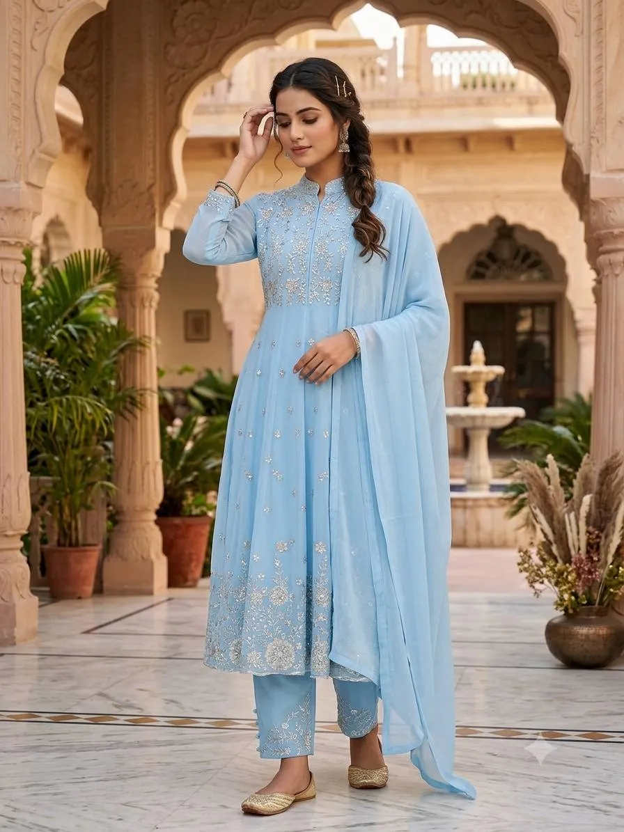BV 495 Georgette With Embroidery Work Top Pant With Dupatta Set Wholesale Surat