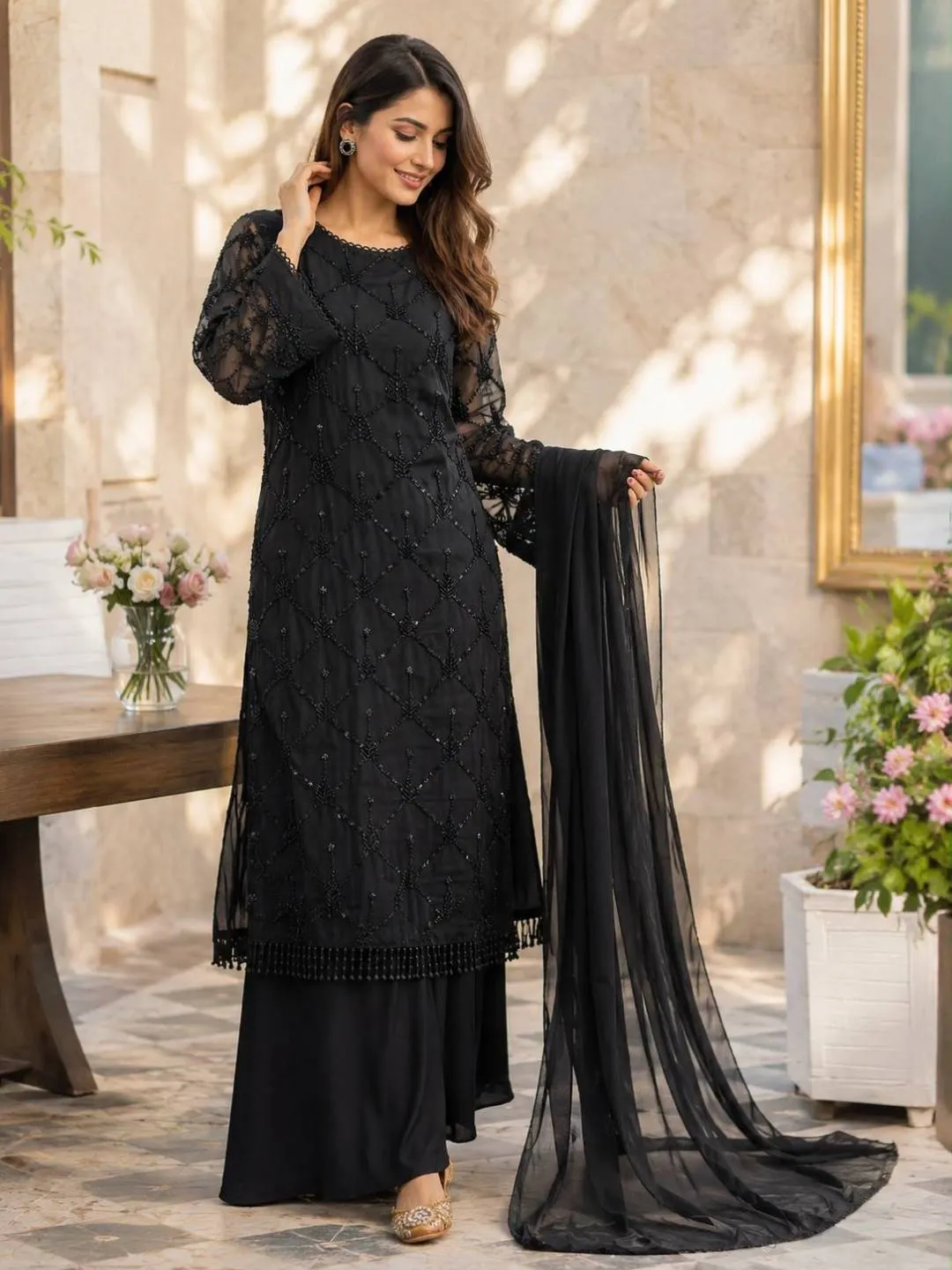 Latest C585 1497 Georgette With Embroidery & Heavy Hand Work Kurti Pant Dupatta Set Wholesale 2026
