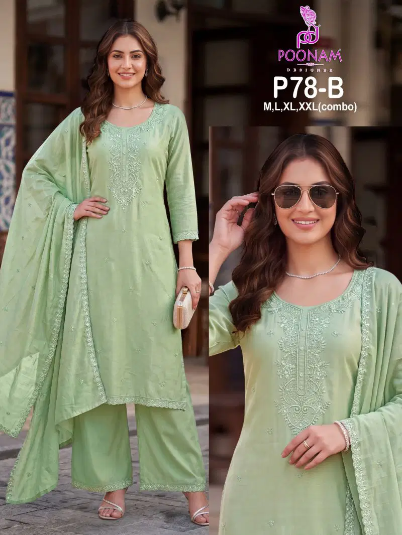 Poonam P 78 A To D Mul Chanderi Beads Work Kurti With Bottom Dupatta Wholesale