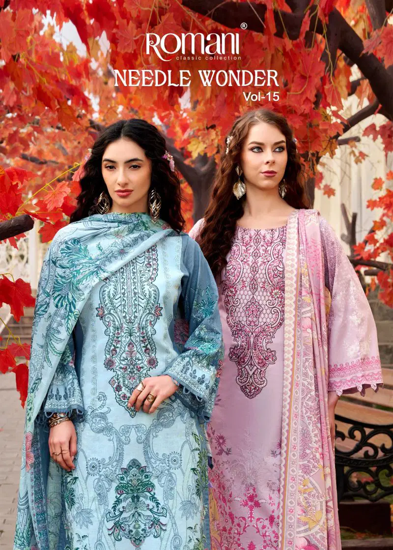 Romani Needle Wonder Vol 15 Cotton Embroidered Dress Material Wholesale