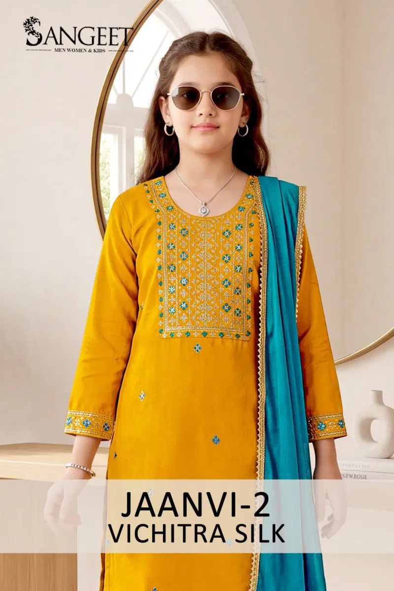 Sangeet Jaanvi Vol 2 Kids Vichitra Blooming Silk Embroidered Kurti Set Collection Wholesale