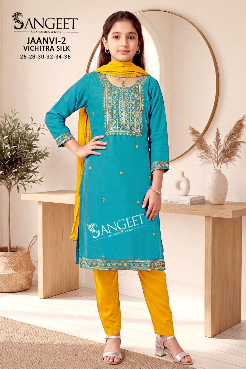 Latest Sangeet Jaanvi Vol 2 Kids Vichitra Blooming Silk Embroidered Kurti Set Collection Wholesale 2026
