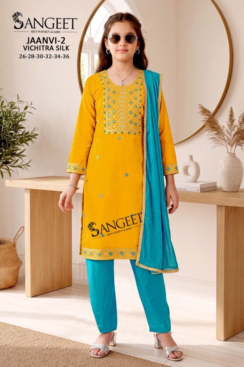 Latest Sangeet Jaanvi Vol 2 Kids Vichitra Blooming Silk Embroidered Kurti Set Collection Wholesale 2026