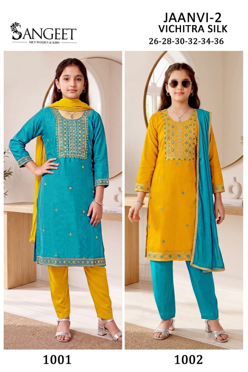 Latest Sangeet Jaanvi Vol 2 Kids Vichitra Blooming Silk Embroidered Kurti Set Collection Wholesale 2026