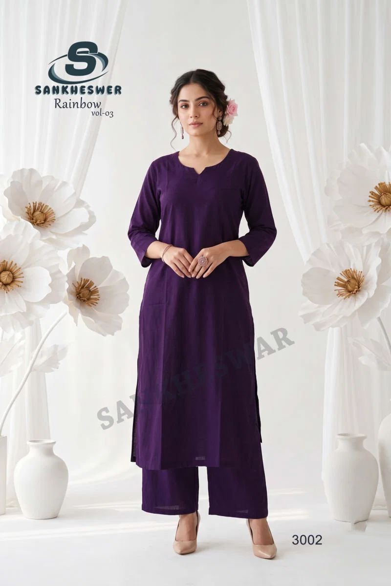 Sankheswer Rainbow Vol 3 Vertican Plain Kurti With Bottom Collection Wholesale