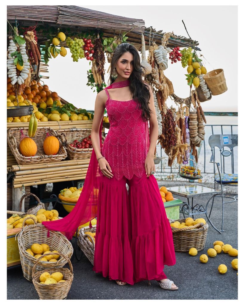 Buy Sayuri Divya Georgette Beads Embroidered Kurti Sharara With Chokar Dupatta Wholesale 2026