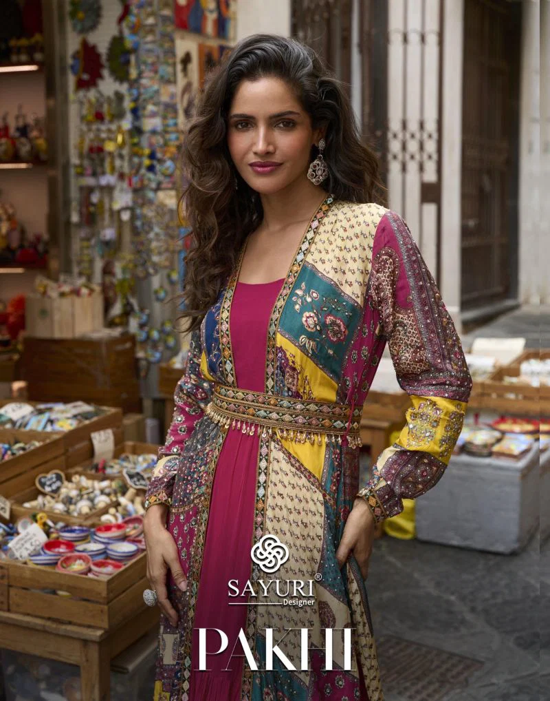 Sayuri Pakhi Crepe Silk Embroidered Festival Wear Gown Koti With Belt Collection Wholesale