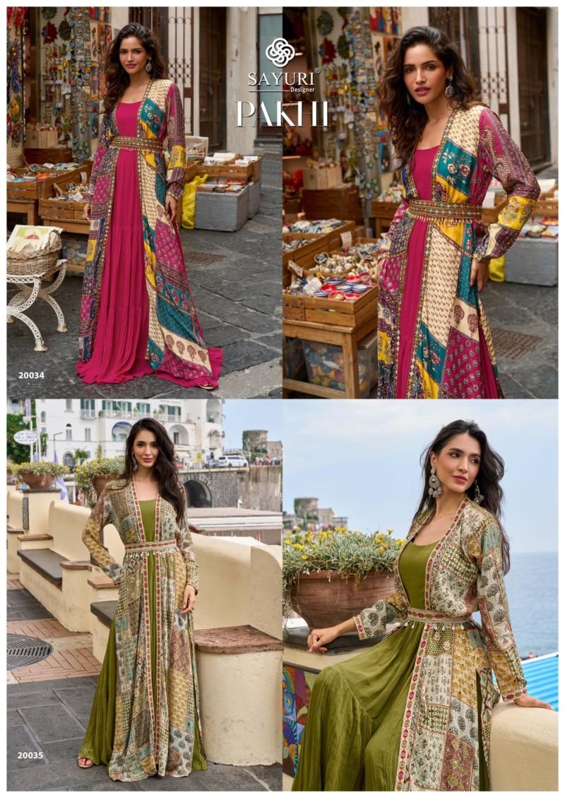 Beautiful Sayuri Pakhi Crepe Silk Embroidered Festival Wear Gown Koti With Belt Collection Wholesale 2026