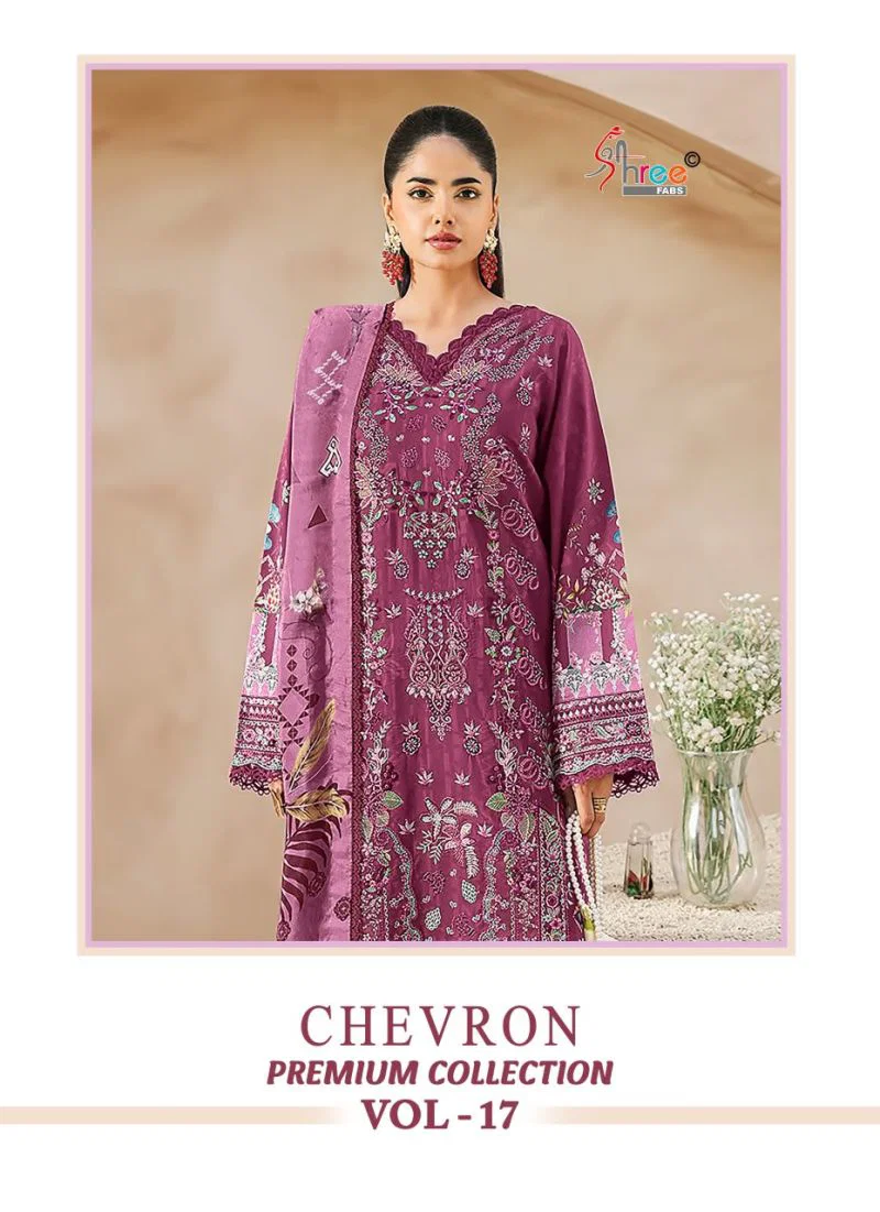 Shree Chevron Premium Collection Vol 17 Chiffon Dupatta Cotton Embroidered Salwar Kameez Collection Wholesale