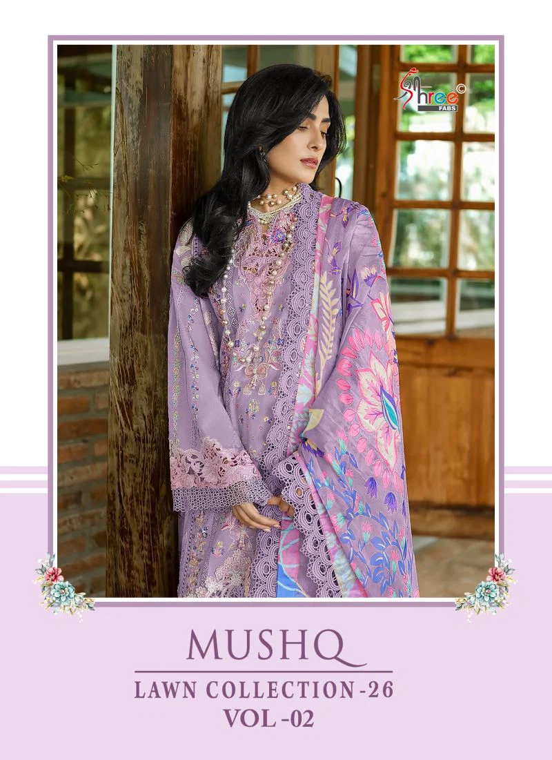 Shree Mushq Lawn Collection 26 Vol 2 Chiffon Dupatta Cotton Embroidered Salwar Kameez Wholesale