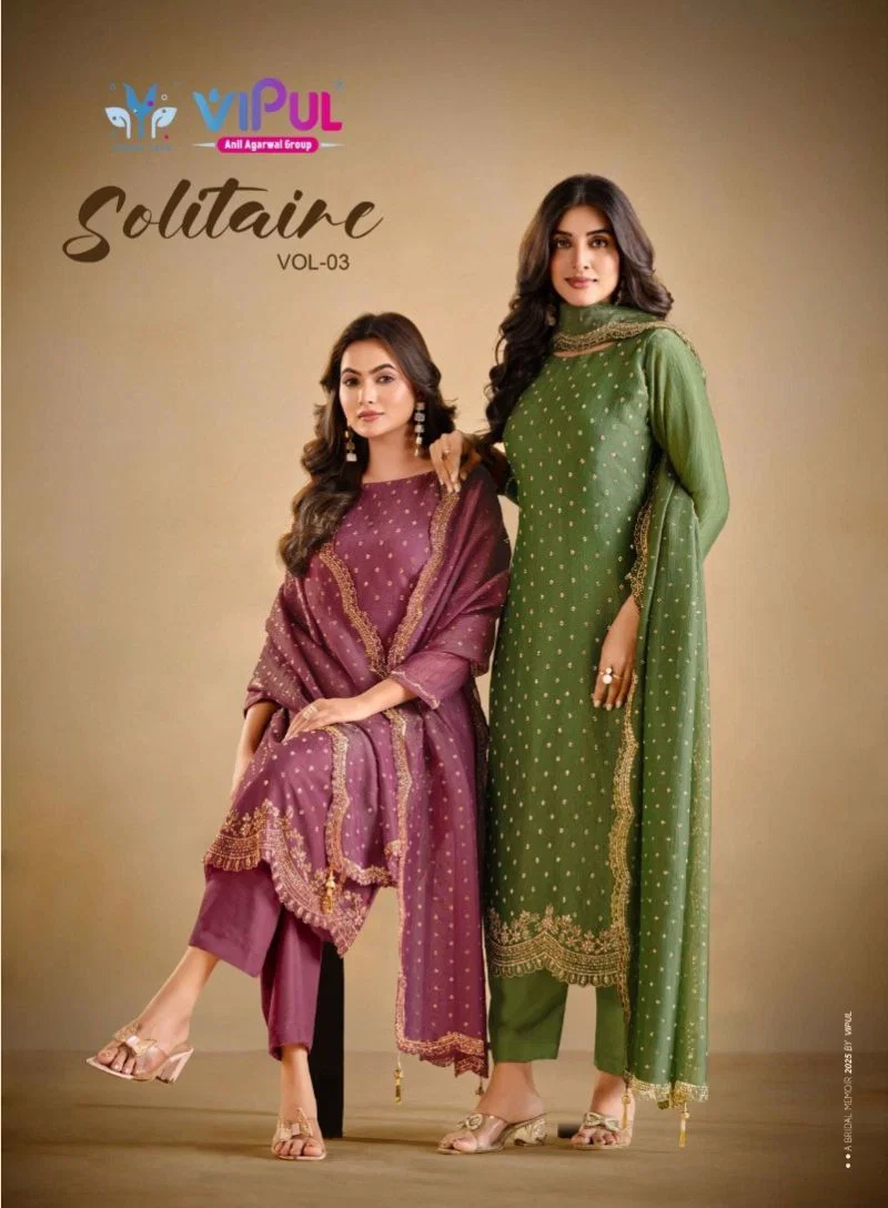 Vipul Solitaire Vol 3 Catonic Gold Windy Beads Work Salwar Kameez Wholesale