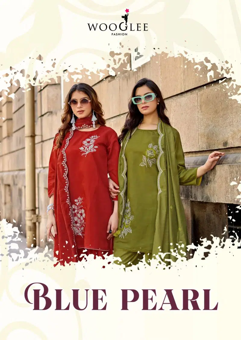 Wooglee Blue Pearl Russian Viscose Hand And Thread Work Kurti With Bottom Dupatta Wholesale