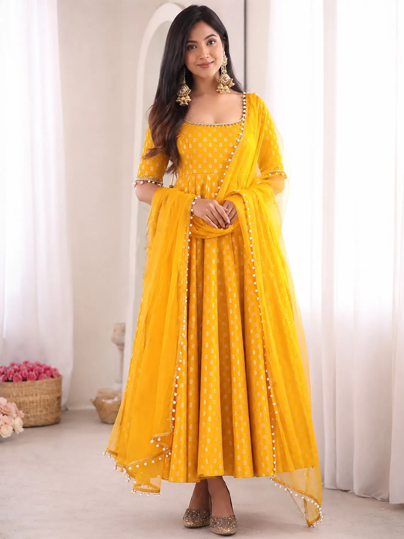 FFD Chanderi Jacquard Butti With Embroidery with Mirror Work Anarkali Pant Dupatta Set Wholesale