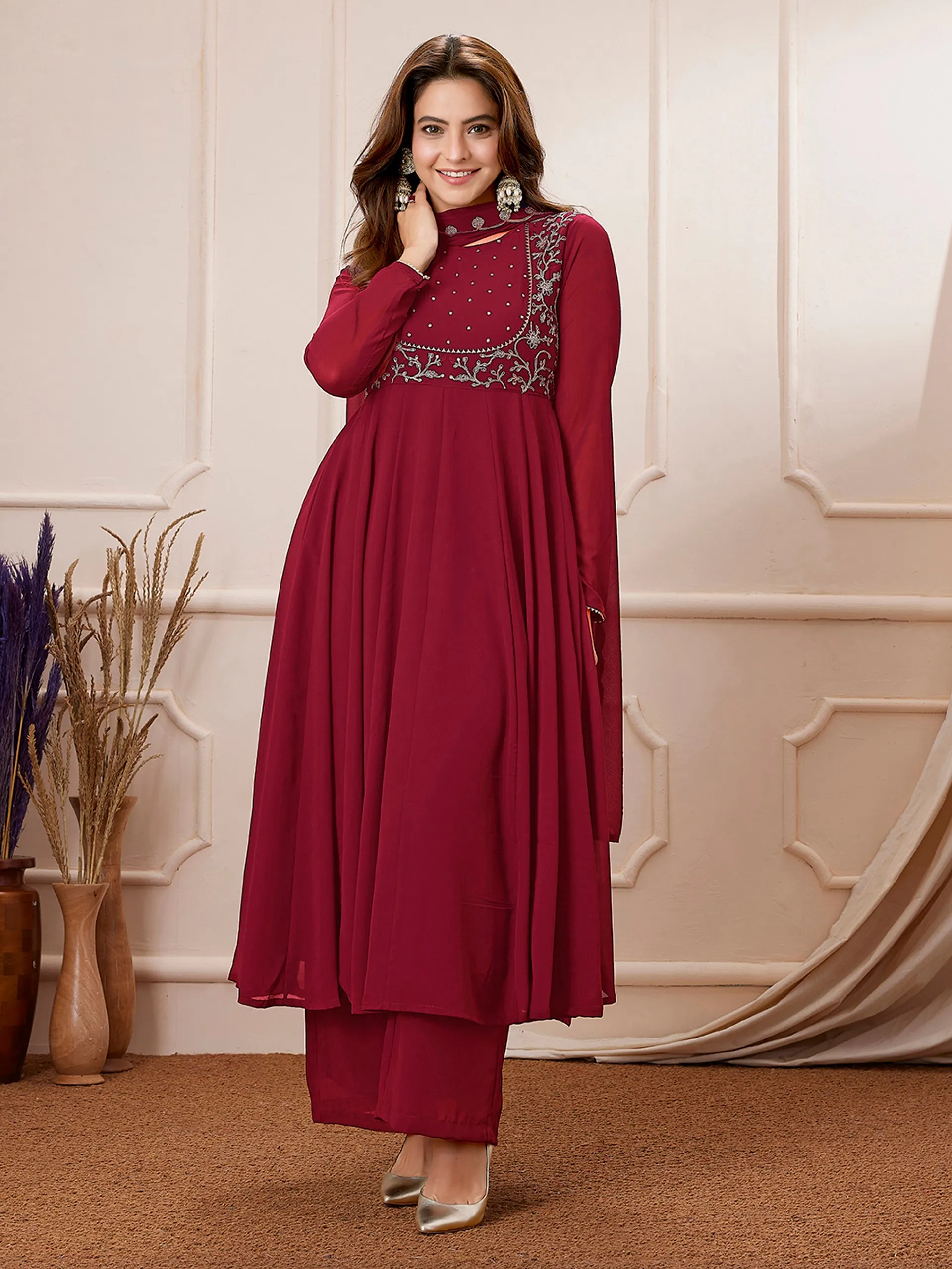 FFD 1021 Georgette With Embroidered Work Top Bottom Dupatta Set Wholesale