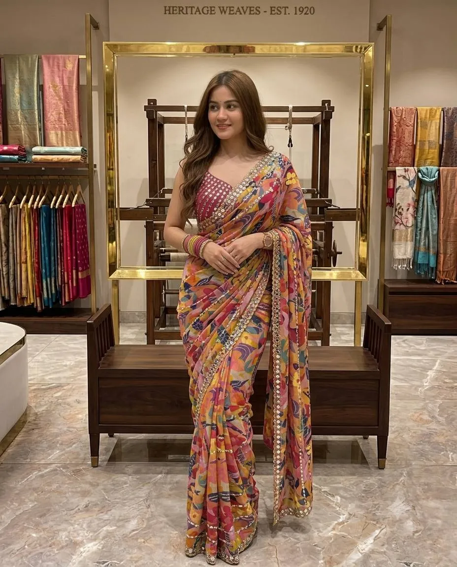 Beautiful SBD 1871 Star Georgette With Beads & Real Mirror Print Work Saree Wholesale Surat 2026
