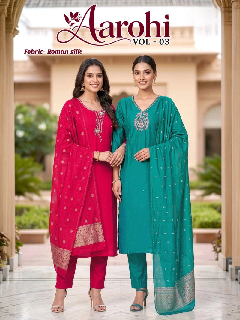 Aarohi D No 1001 To 06 Roman Silk Handworked Kurti Set Wholesale