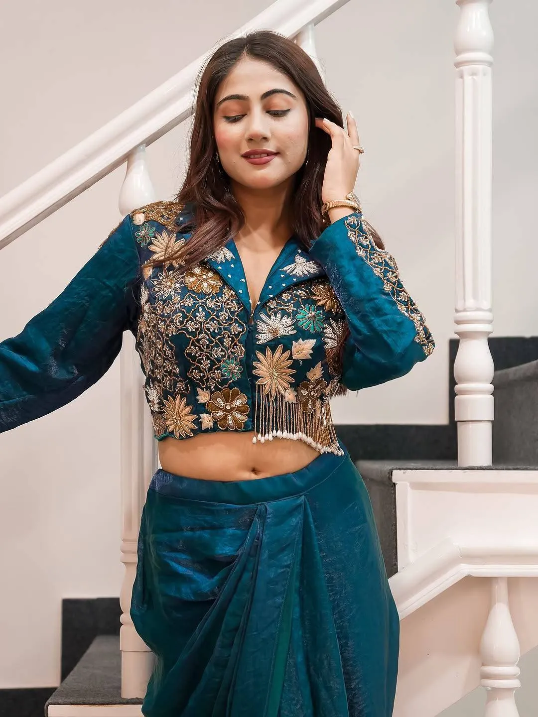Latest BDB 90 Soft satin silk With Embroidery Semi beads sequins work Indo Western 2026