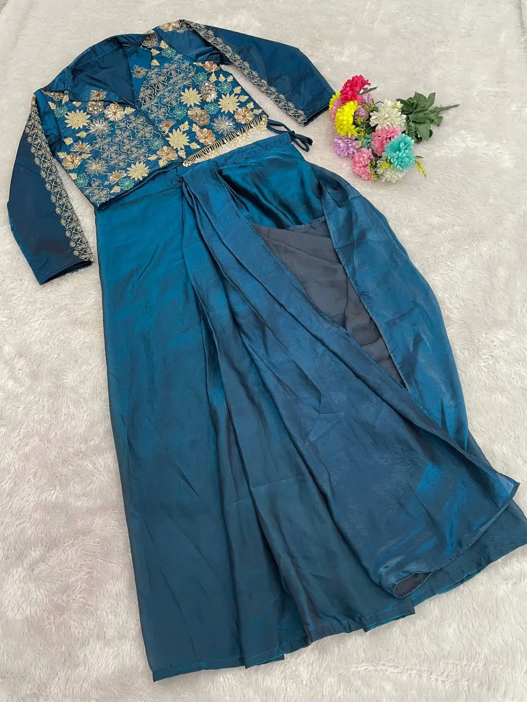 Latest BDB 90 Soft satin silk With Embroidery Semi beads sequins work Indo Western 2026