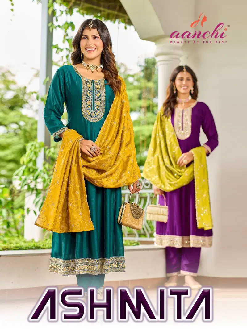 Aanchi Ashmita Vol 2 Vichitra Silk Embroidered Anarkali Kurti With Bottom Dupatta Wholesale