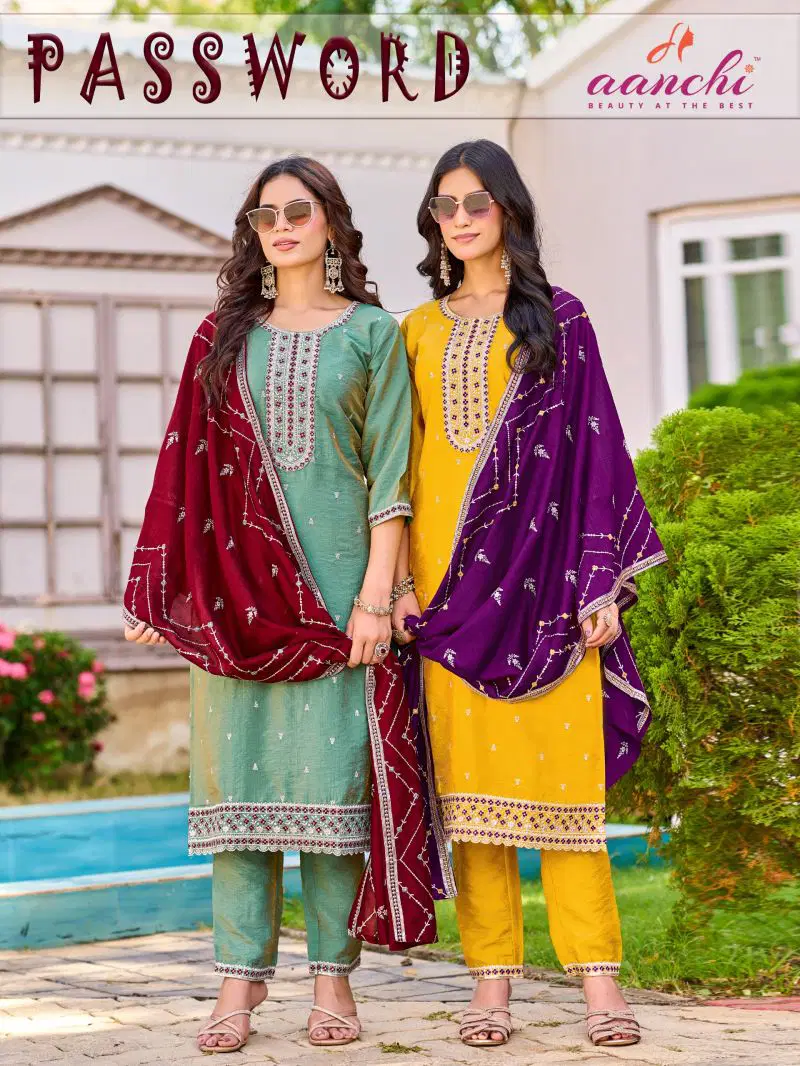 Aanchi Password Vichitra Shimmer Embroidered Kurti WIth Bottom Dupatta Wholesale
