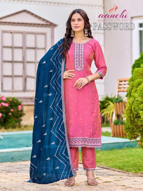 Launching Aanchi Password Vichitra Shimmer Embroidered Kurti WIth Bottom Dupatta Wholesale 2026