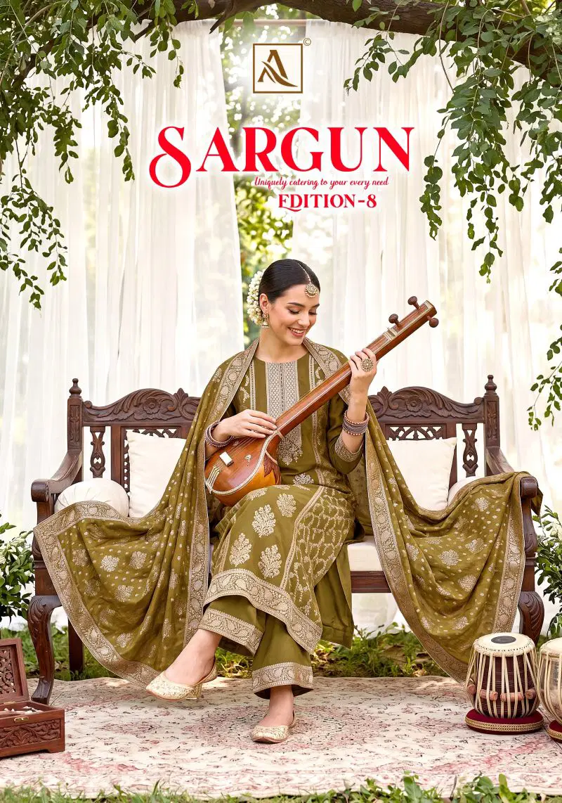 Alok Sargun Edition 8 Viscose Maslin Jacquard Hand Work Dress Material Wholesale