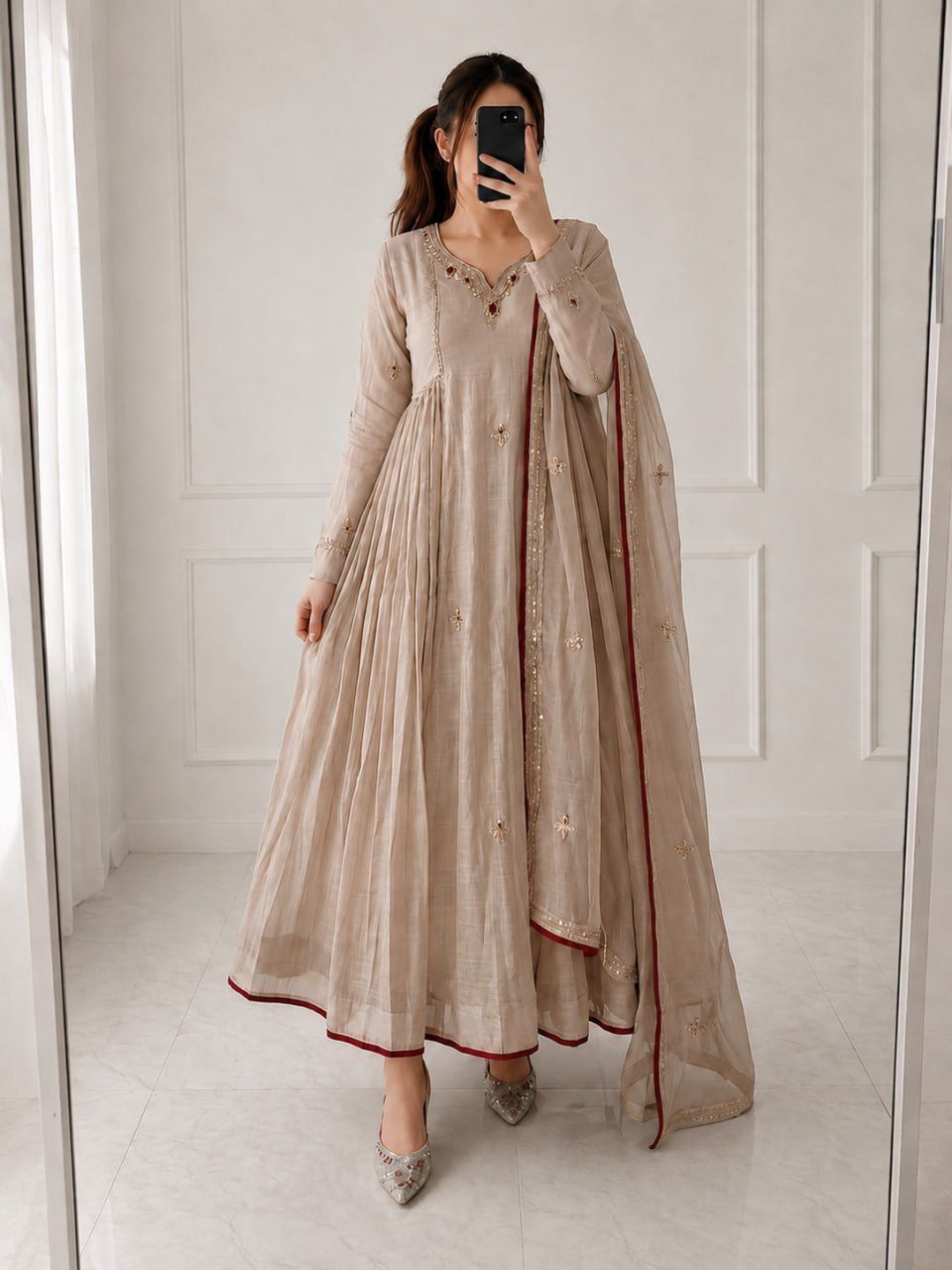 Yasu 1339 Pure Mul Chnaderi With Embroidery Work Anarkali Kurti Pant Dupatta Set Wholesale Surat