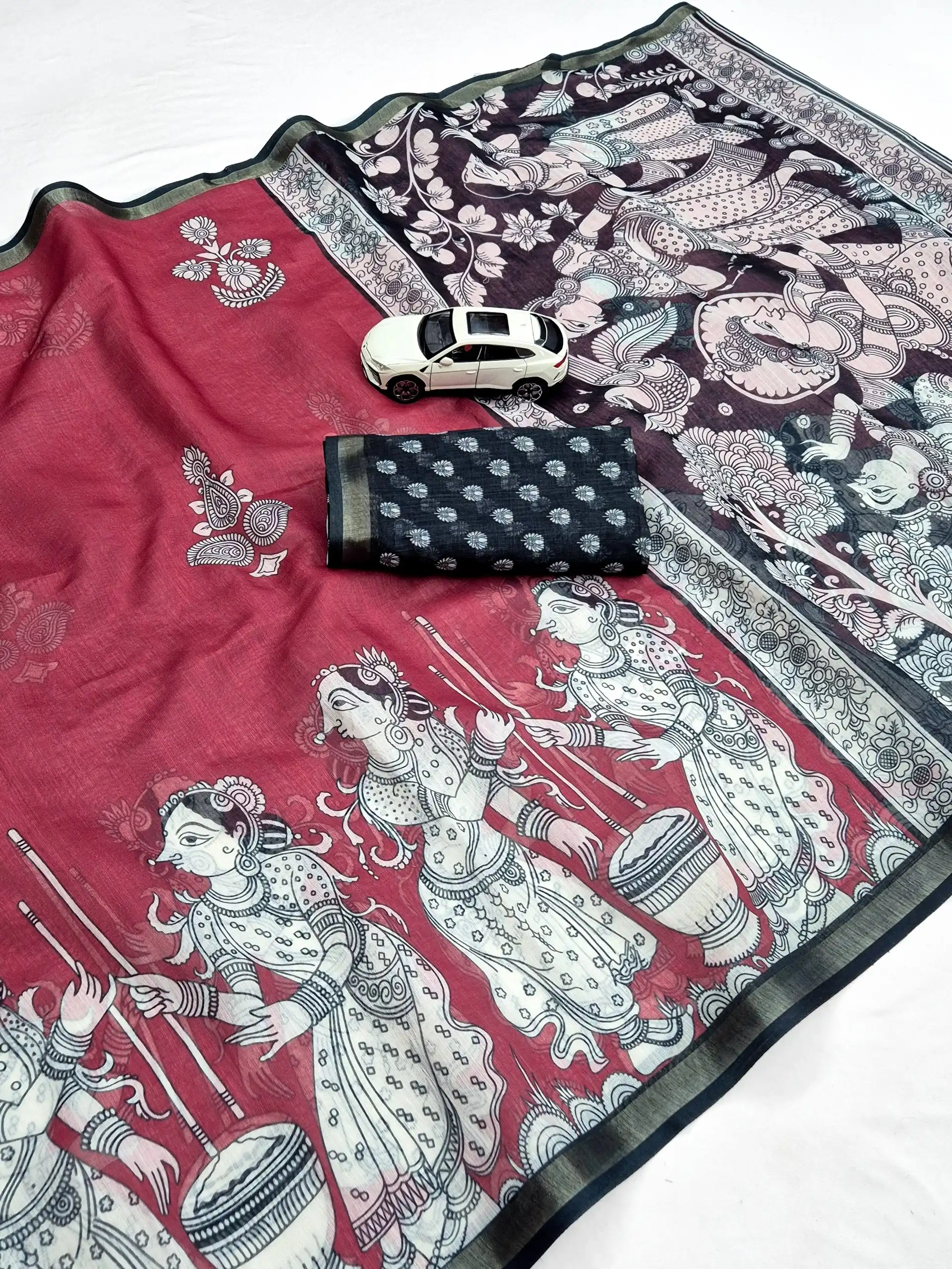 MNG 685 Linen with gold jari border & Digital print Saree Wholesale Surat