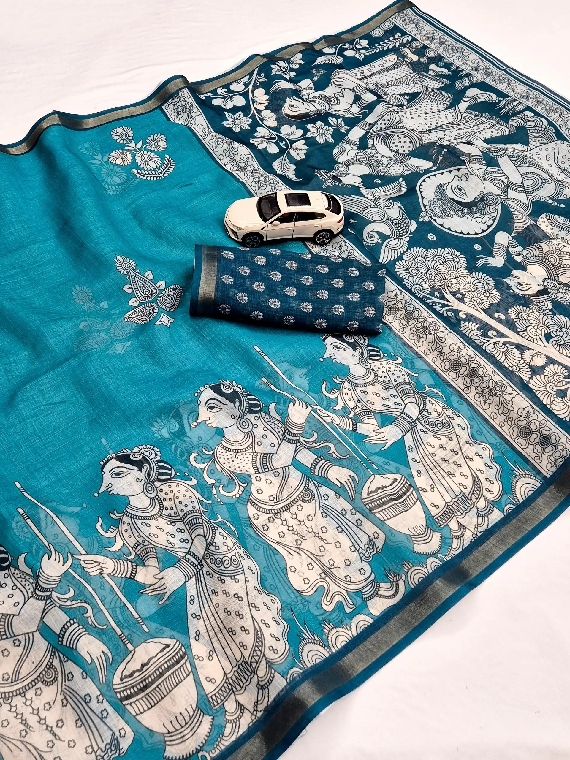 MNG 685 Linen with gold jari border & Digital print Saree Wholesale Surat