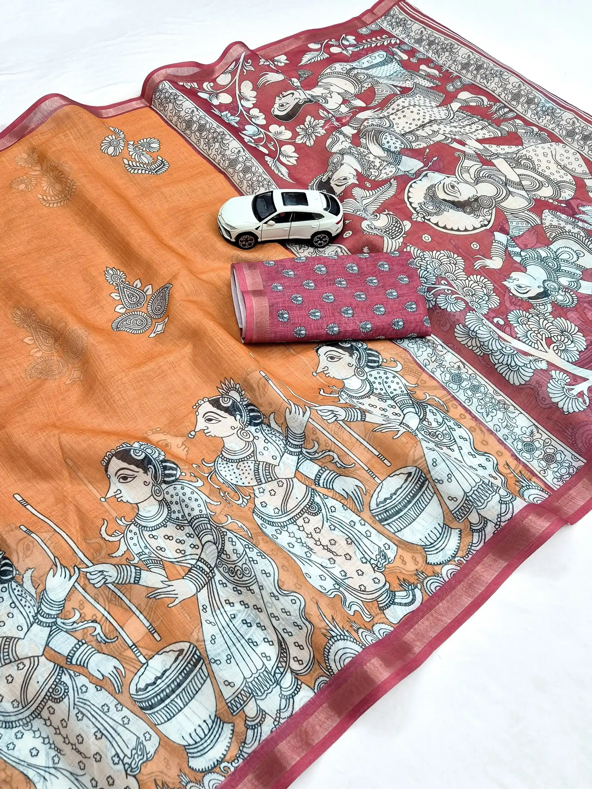MNG 685 Linen with gold jari border & Digital print Saree Wholesale Surat