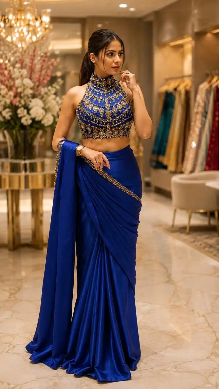 HFF 9347 Diamond Satin Silk With Embroidery Sequence Work Ready To Wear Saree Wholesale Surat