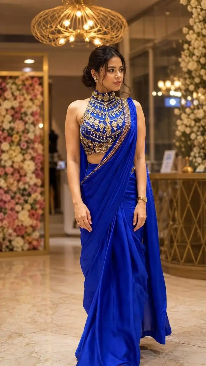 HFF 9347 Diamond Satin Silk With Embroidery Sequence Work Ready To Wear Saree Wholesale Surat