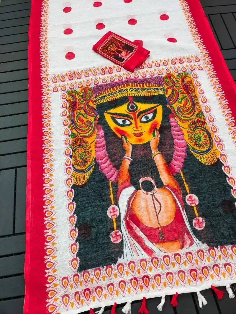 MNG 692 Plain Soft Linen With Digital Print Durga Puja Special Saree Wholesale Supplier