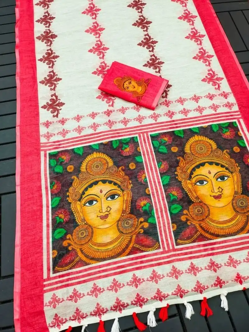 MNG 692 Plain Soft Linen With Digital Print Durga Puja Special Saree Wholesale Supplier
