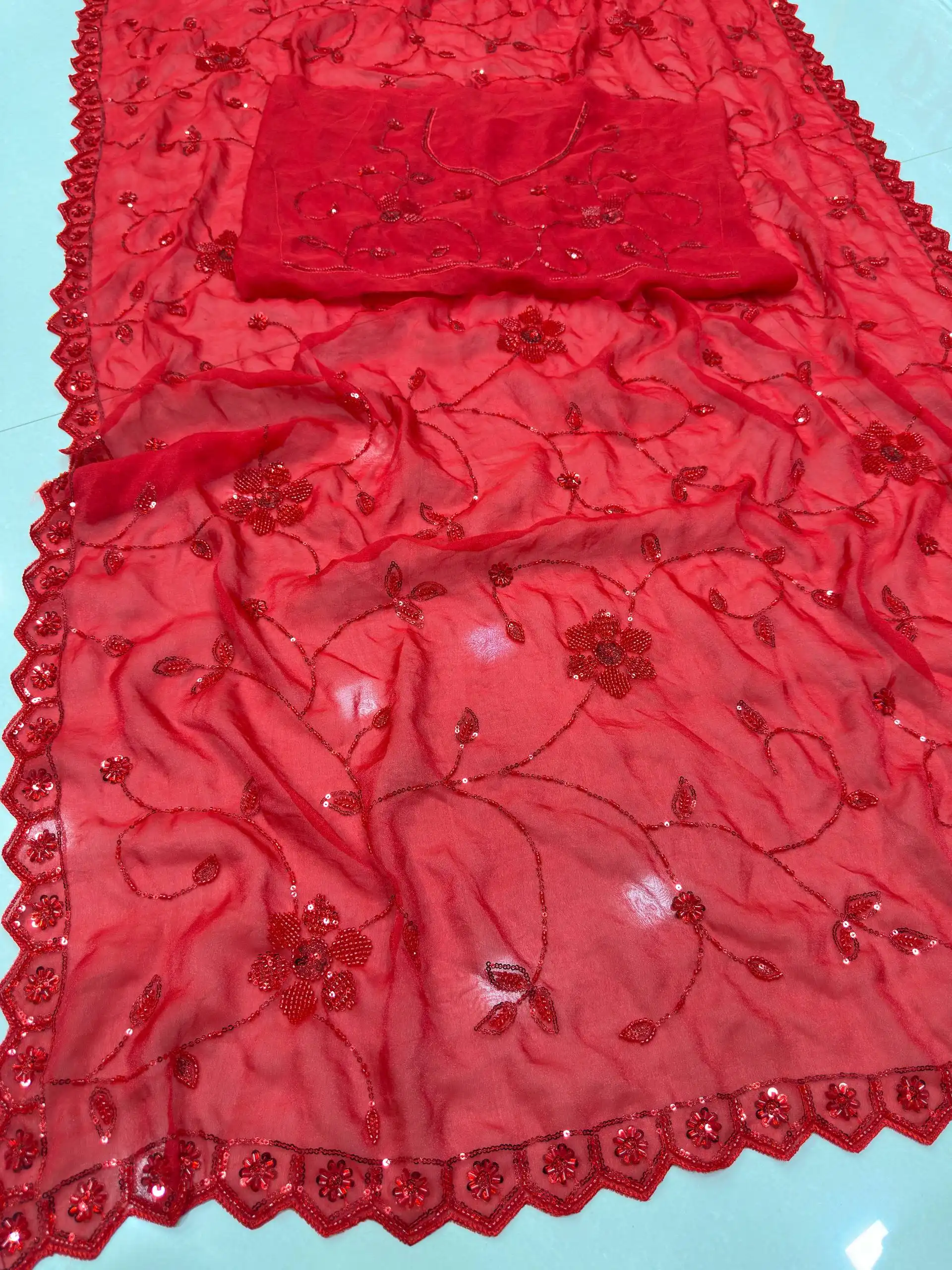 DKT 5187 Fandy Satin With Embroidery Work Karwa Chuth Saree Wholesale Supplier