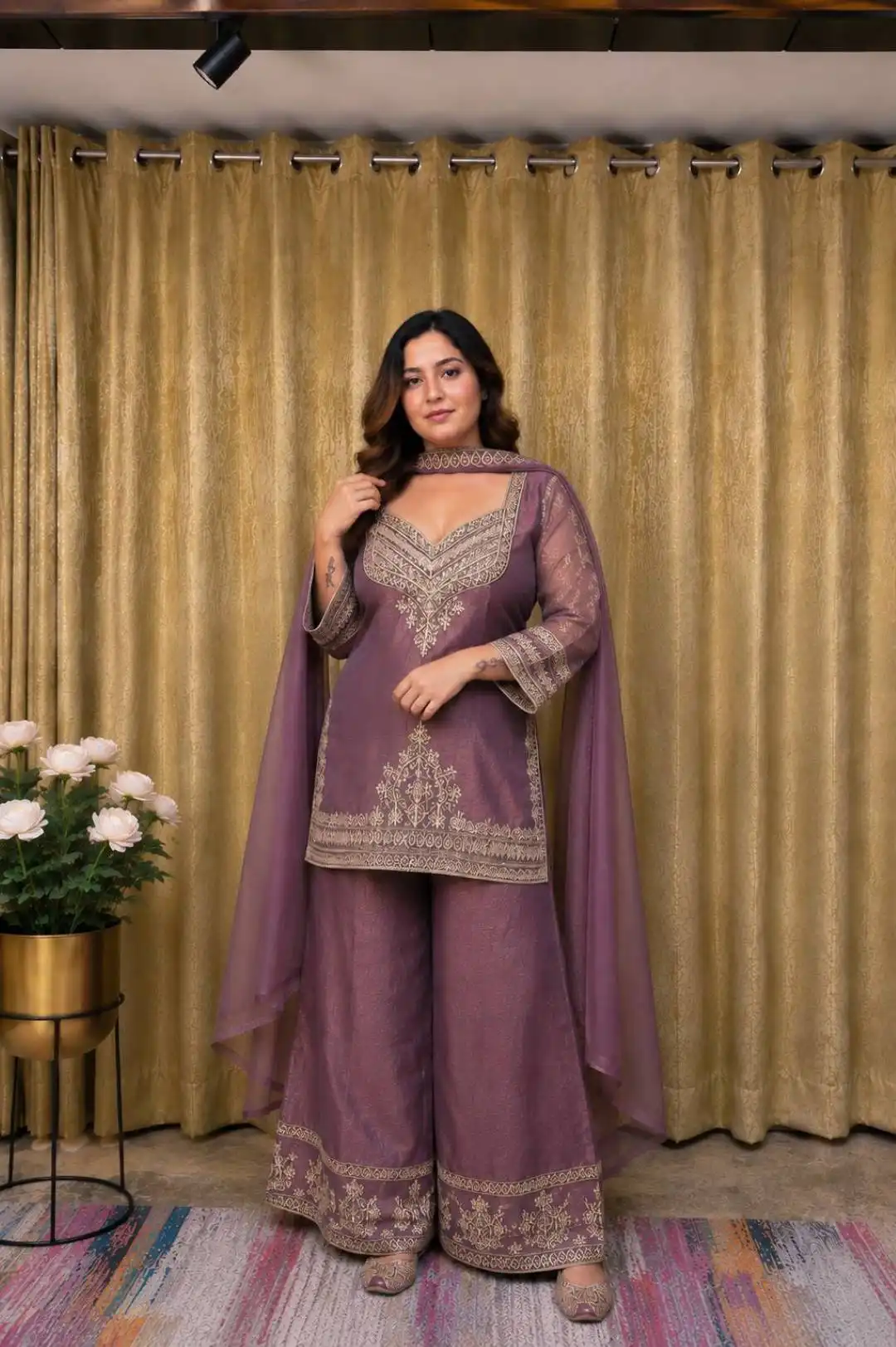 C585 251 Crunchy Silk With Embroidery Work Kurti Plazzo Dupatta Set Wholesale Surat