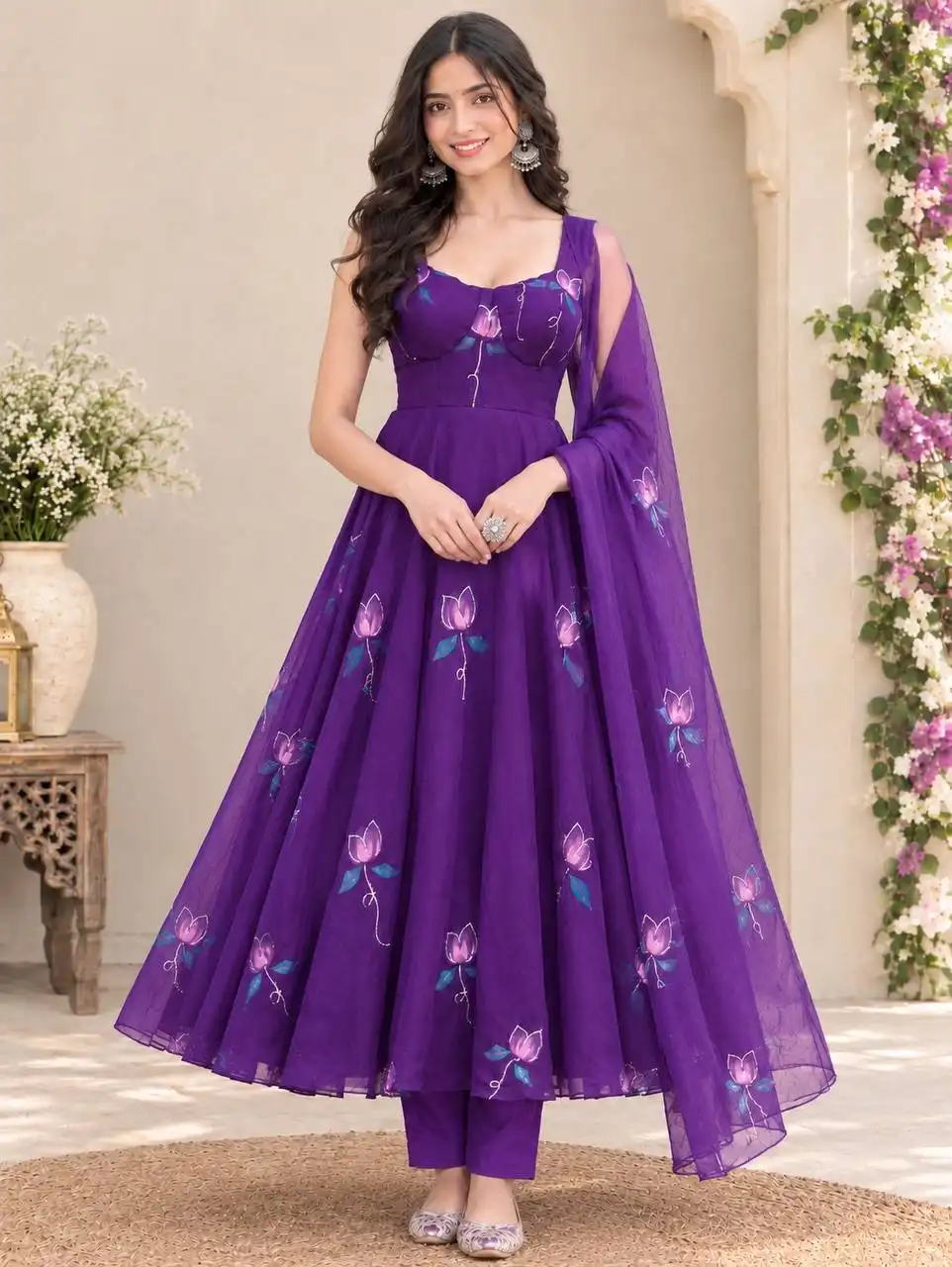 SWT 348 georgette with zari & handpaint work Anarkali Top Pant Dupatta Set Wholesale Surat
