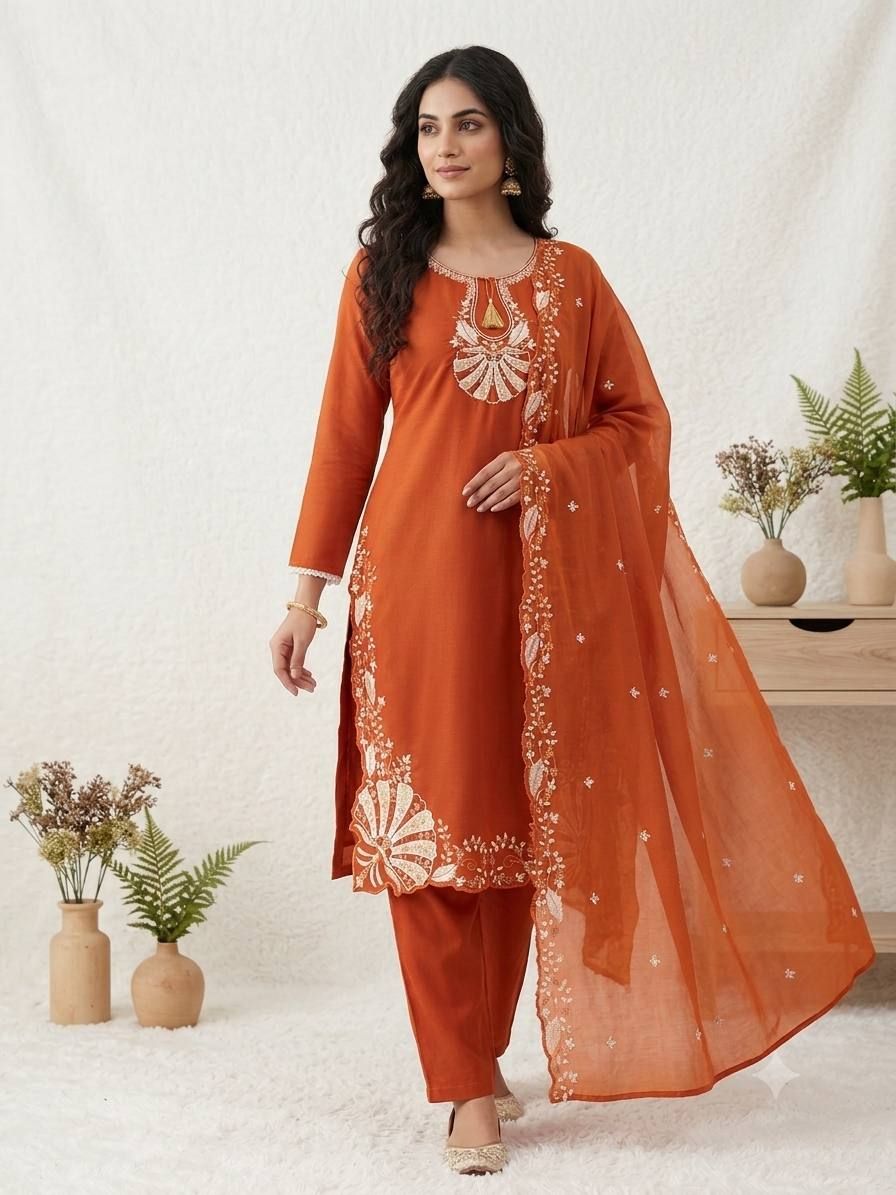 BV 502 Roman With Embroidery Work Kurti Pant Dupatta Set Wholesale Surat