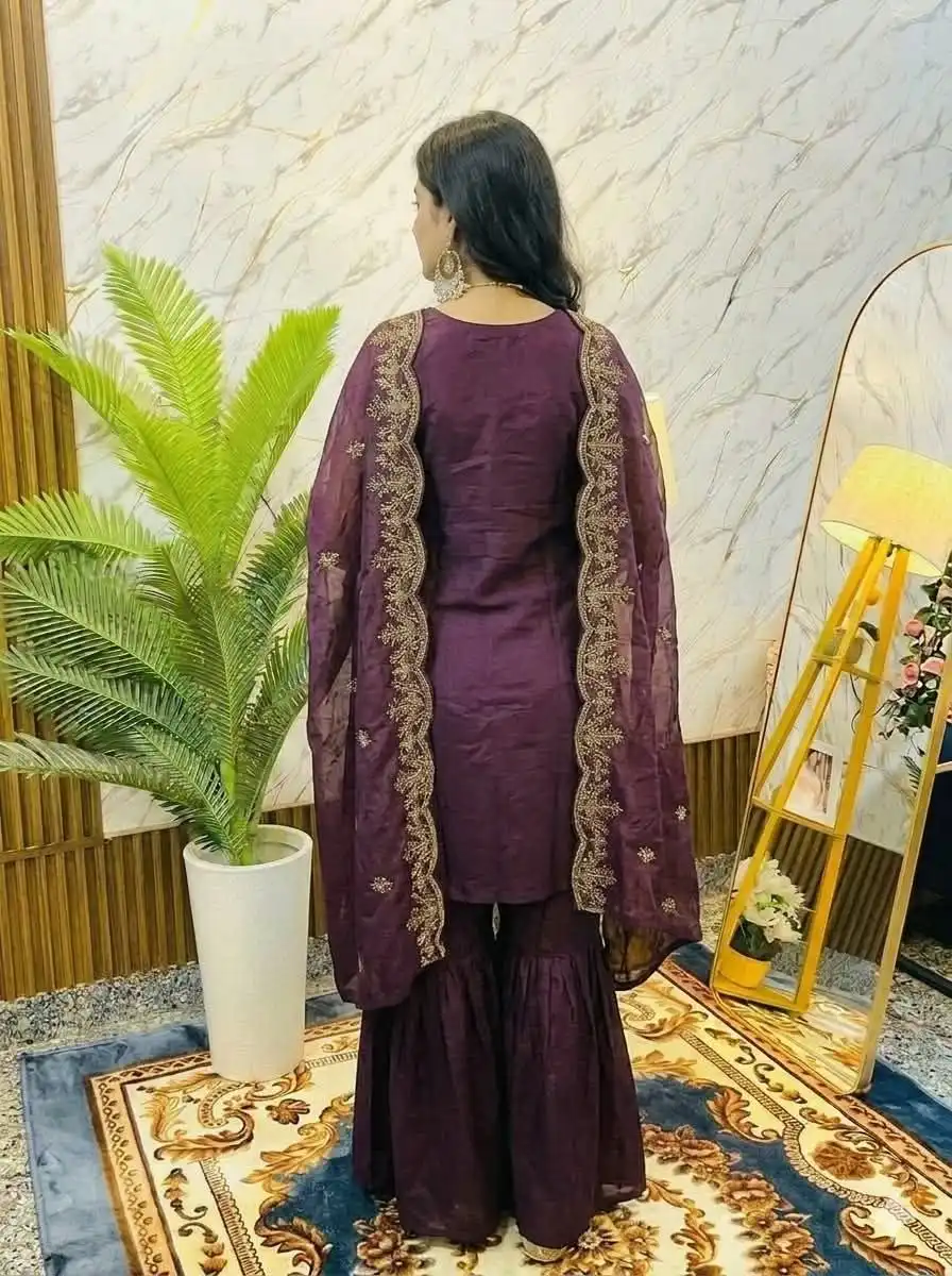 RRD Tulshi Pure Viscose Chinon With Embroidery work Sarara Set Wholesale Supplier