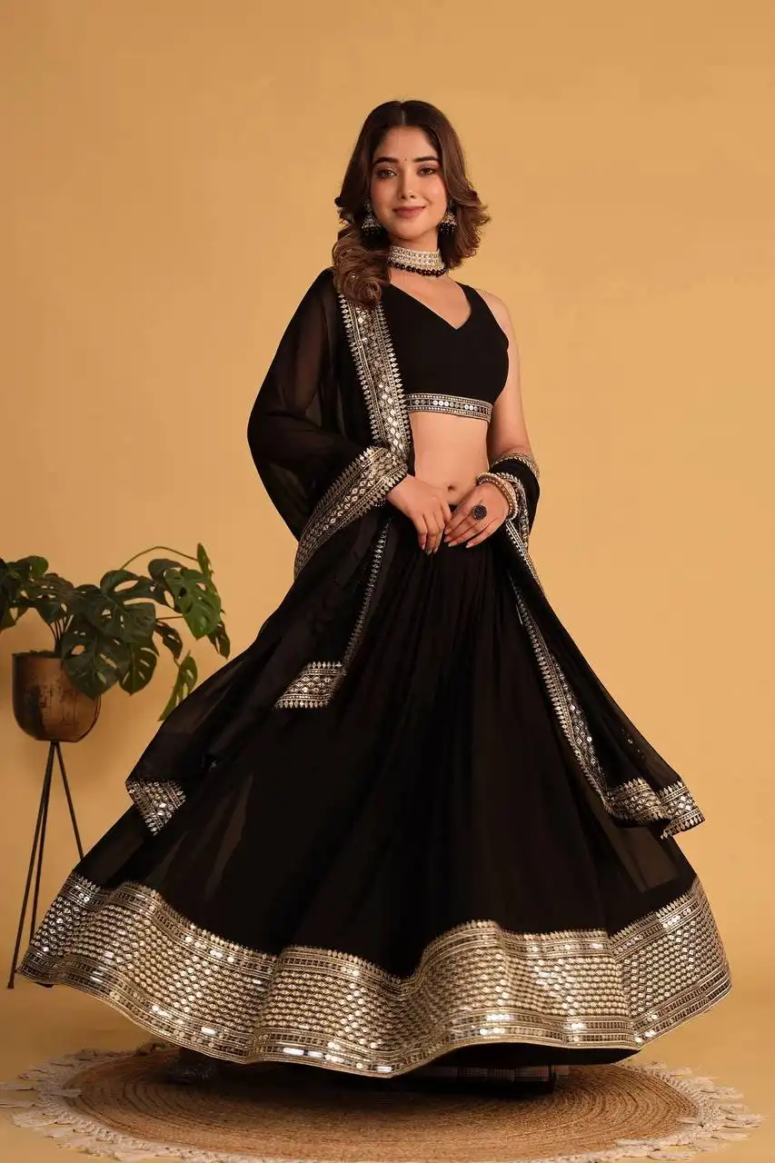 Lehenga – Length: 42 Waist: 42”–44” Flair: 3.5 Mtr Cotton Inner Dori with Latkan  Blouse- 7mm Sequins Embroidered Work Lace: 1 Mtr   Dupatta- Length: 2.30 Mtr 