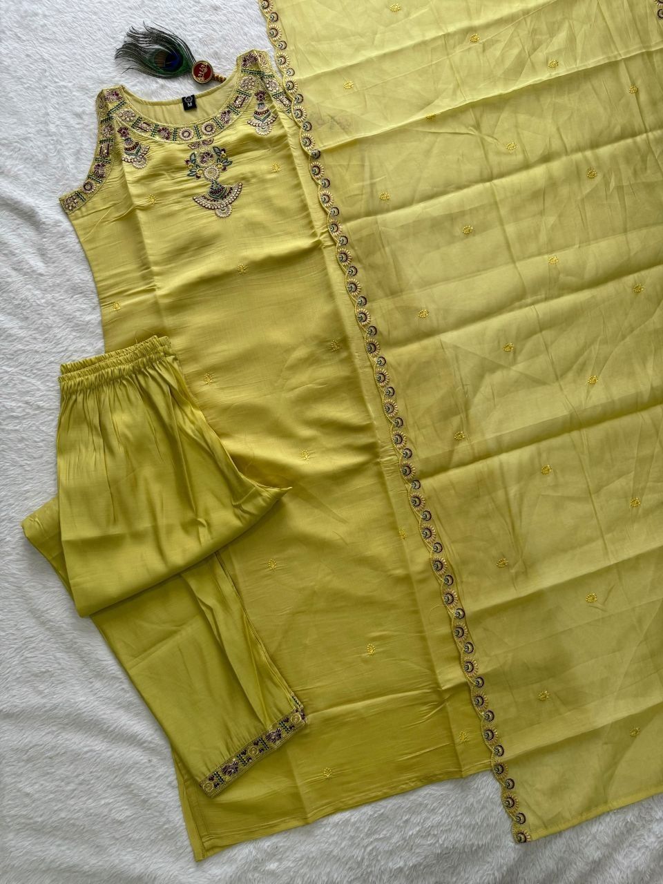 KR 430 Pure Mul Chanderi With Embroidery Work Kurti Pant Dupatta Set Wholesale Surat