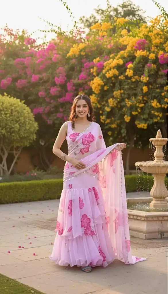 SBD 1805 Faux Georgette With Readymade Frill Work Ready To Wear Saree Wholesale Surat
