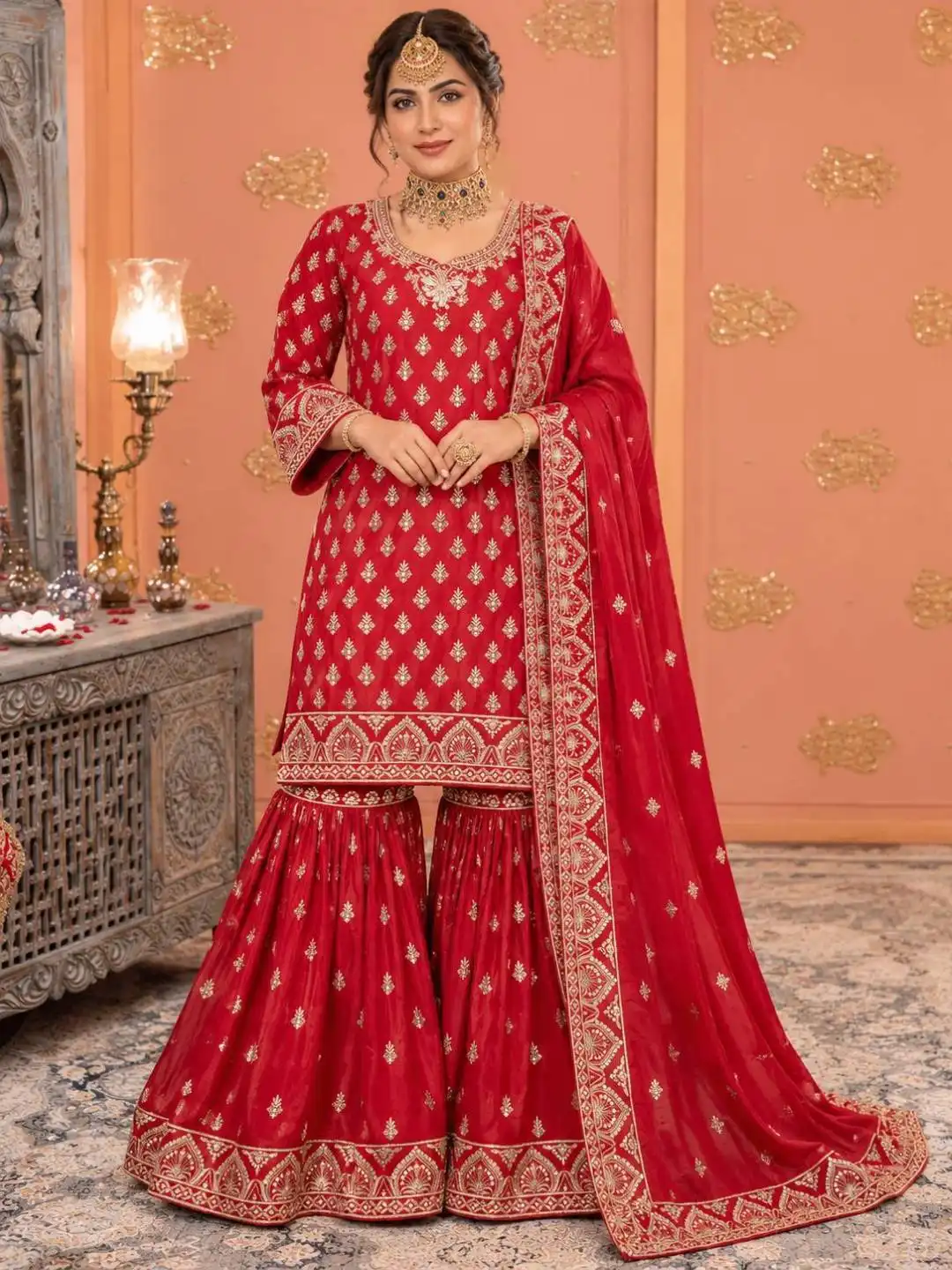 C585 1503 Chinon With Heavy Embroidery Work Karva Chauth Special Sarara Set Wholesale Surat