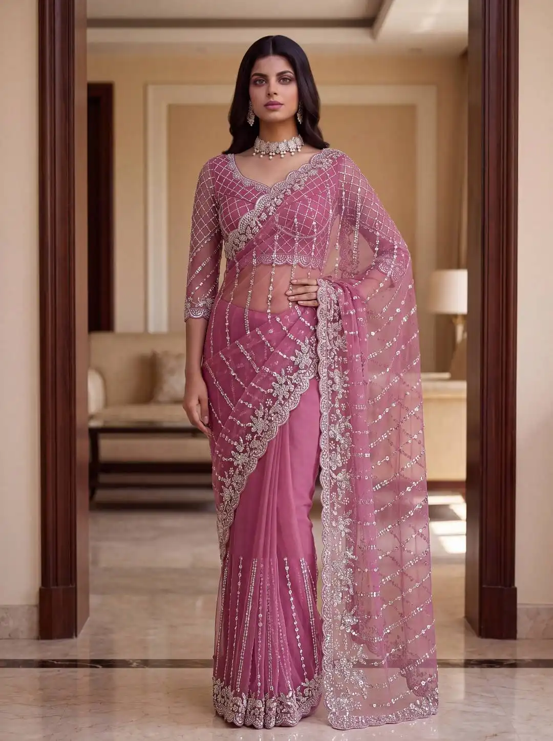 DKT 5191 Net With Embroidery Sequence Work Saree Wholesale
